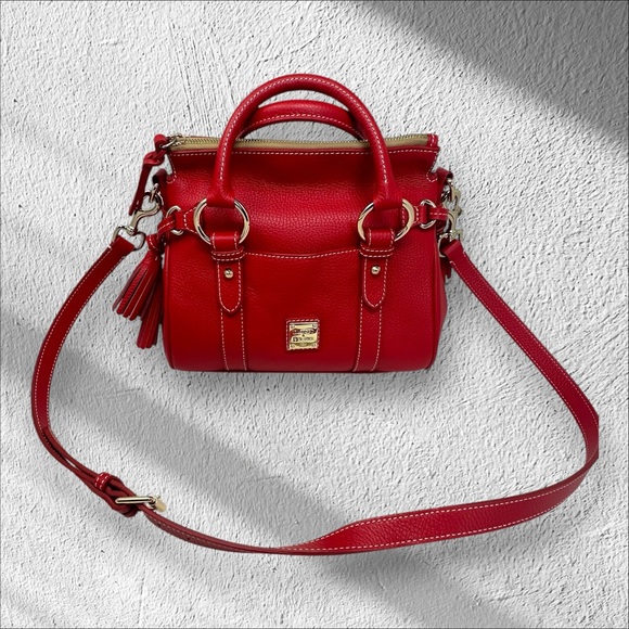 Dooney‎ & Bourke Lucca Red Pebble Leather Satchel with Crossbody Strap Tassles - Picture 1 of 13